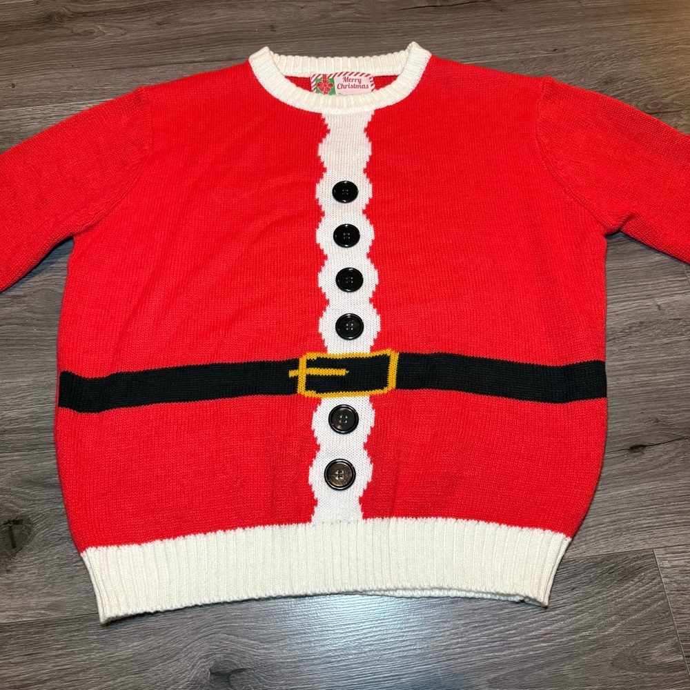 Merry Christmas Red Santa Claus Sweater with black buttons size Large